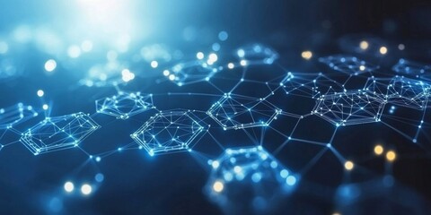 Fototapeta premium Abstract Futuristic Glowing Blue Interconnected Hexagons with Network Lines on Black Background