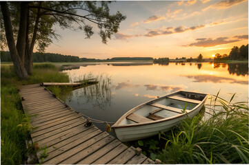 Obraz premium A tranquil sunset view over a calm lake with a wooden dock and a small boat, surrounded by lush greenery and soft clouds.
