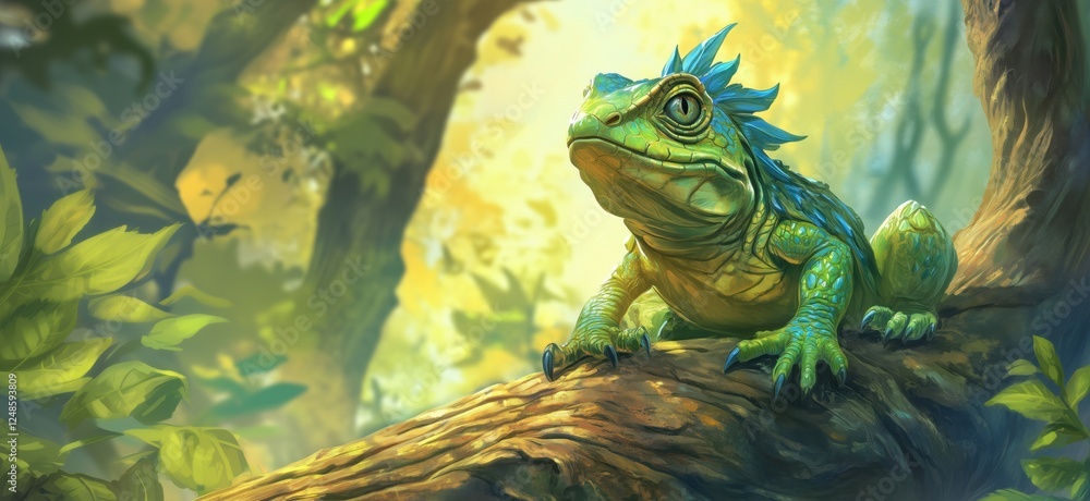 Poster colorful lizard resting on tree branch in vibrant forest setting, copy space for text