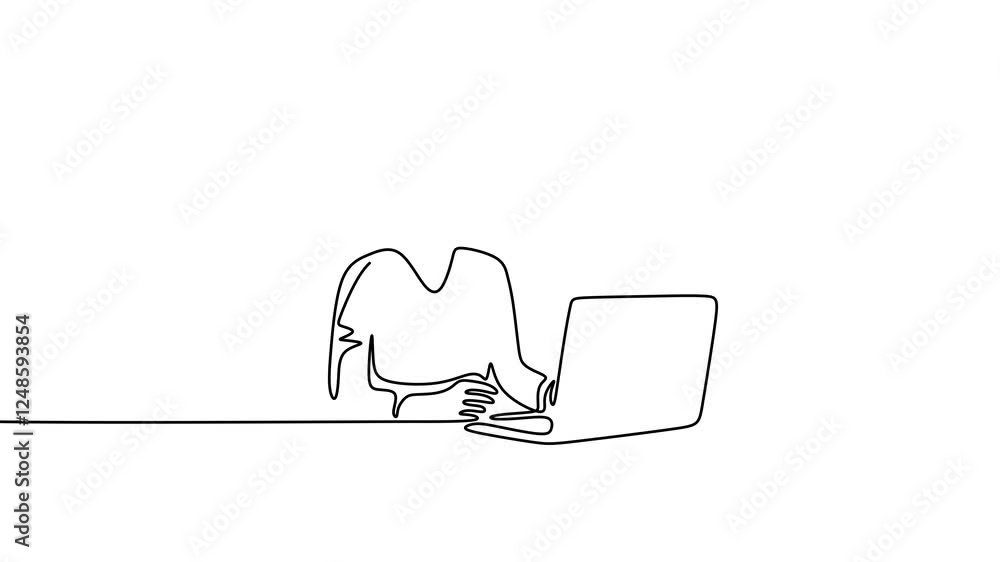 Poster continuous line drawing animation of a man sitting in front of laptop. a man thinking seriously in f