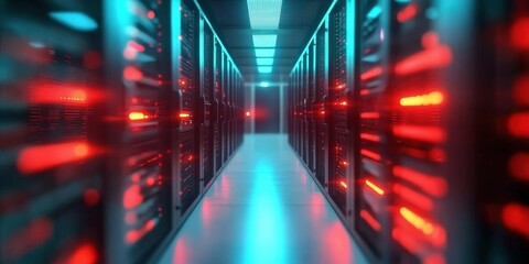 Futuristic Interior View of a Server Room with Red and Blue Light Accents Showcasing Technology in a High-Tech Environment