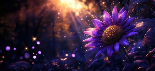 Vibrant purple sunflower illuminated by magical sunlight in enchanting forest setting, copy space for text
