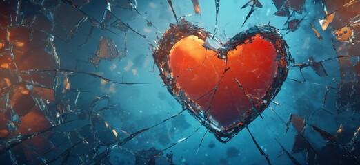 Shattered glass heart with glowing red center against blue background, copy space for text