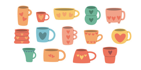 Cups with heart set. Cozy home mug in cute modern colors. Pink cups with red hearts for Valentine's Day illustration. Vector flat illustration