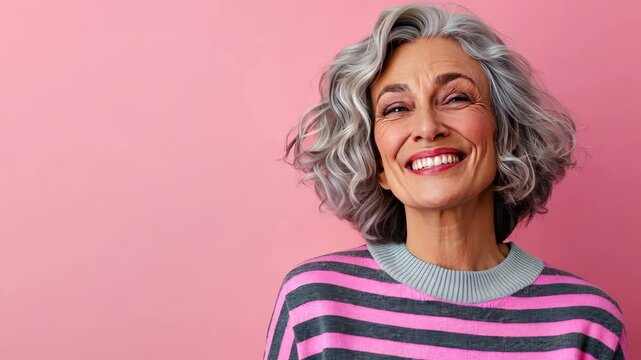 Woman with gray hair is smiling and wearing a pink and gray striped sweater. She is posing for a picture