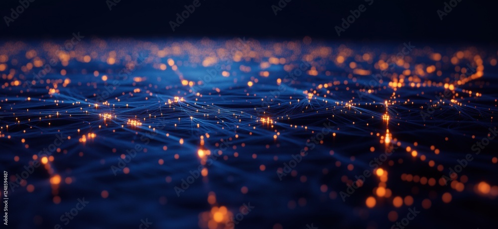 Poster abstract digital network with glowing nodes and connections in dark background, copy space for text