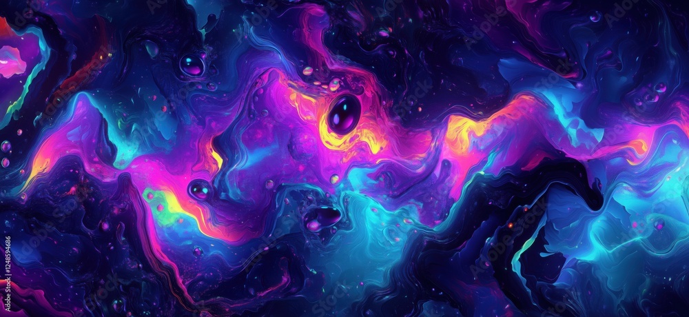 Poster colorful abstract cosmic background with vibrant swirls and fluid patterns, copy space for text