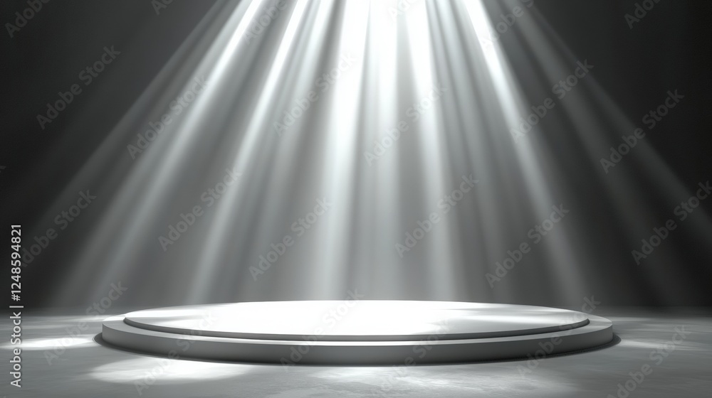 Poster dramatic circular stage with soft lighting shining down from the top in a studio setting for perform