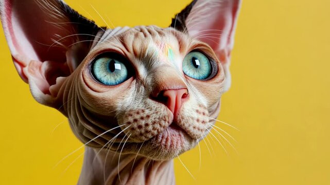 Cat with blue eyes and a pink nose is staring at the camera. The cat has a unique appearance, with a long, thin body and a short, fluffy tail. The yellow background adds a warm