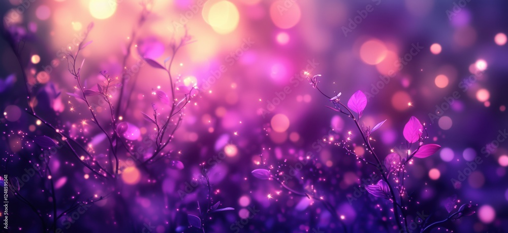 Poster magical purple bokeh background with glowing leaves and sparkling lights, copy space for text