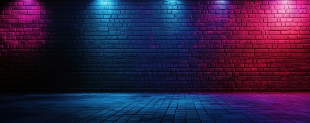Colorful illuminated brick wall with blue and pink lighting effects for creative backgrounds, copy space for text