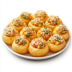 Fototapeta premium A delicious breakfast plate featuring a fresh bagel with cream cheese, baked potatoes, and a variety of tasty baked goods like sweet pastries and bread, captured close-up in warm, inviting tones