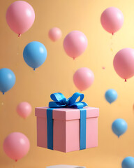 A pink gift box decorated with a blue ribbon, surrounded by blue and pink balloons scattered in the air, on a beige background. Feels elegant, fun and festive.