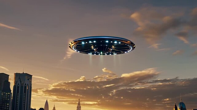 Aliens UFO up of city sky  - Extraterrestrial visit, space travel and civilization concept - Model by AI generative