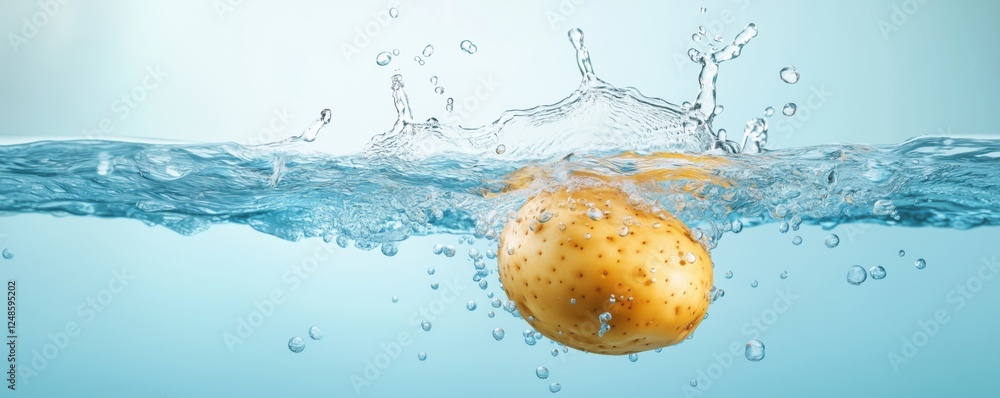 Poster potato splashing into clear water creating dynamic bubbles and ripples, copy space for text
