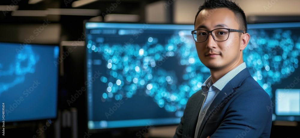 Poster professional man in suit standing confidently in front of digital data screens, copy space for text