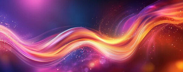 Obraz premium Colorful abstract wave design with glowing light trails and sparkles, copy space for text