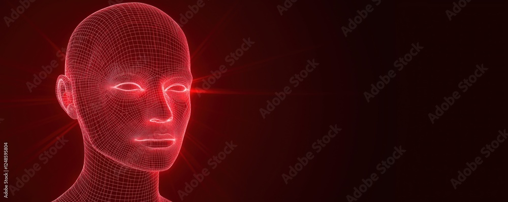 Poster 3d wireframe human head model with glowing red features on dark background, copy space for text