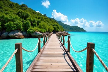Fototapeta premium Vibrant rope footbridge over turquoise Caribbean water, sky, beach, relaxing