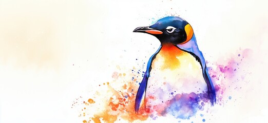 Naklejka premium Colorful watercolor illustration of a penguin with vibrant splashes and artistic flair, copy space for text