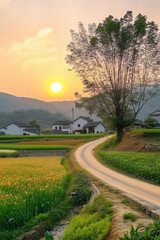 Fototapeta premium Picturesque Fujian Countryside with Ancient Camphor Tree and Sunset
