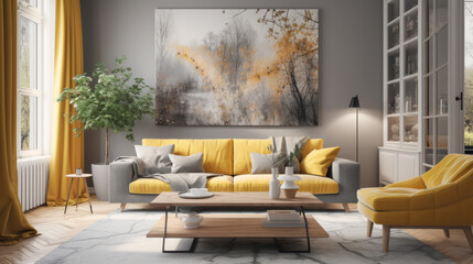 A cheerful living room featuring a mustard yellow sofa with white cushions