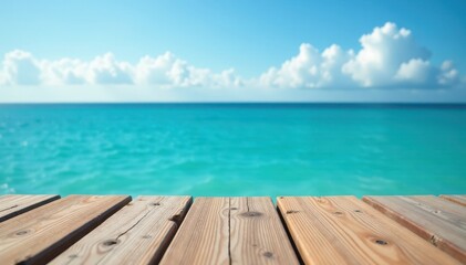 Fototapeta premium Weathered wooden surface overlooking tranquil blue sea, seaside, blue, peaceful
