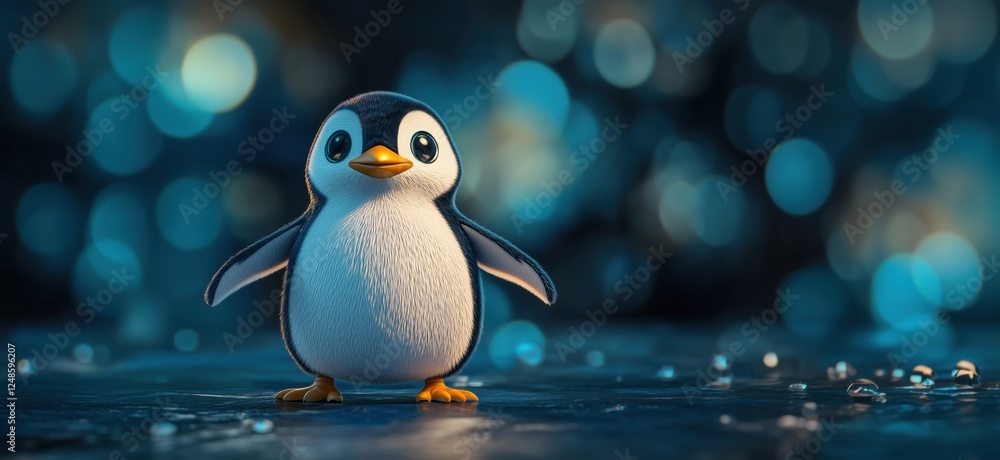 Poster cute cartoon penguin character with vibrant bokeh background and playful expression, copy space for 