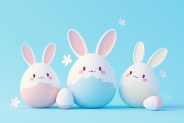 Fototapeta premium Cute easter bunnies with colorful eggs in bright pastel colors, 3d illustration style