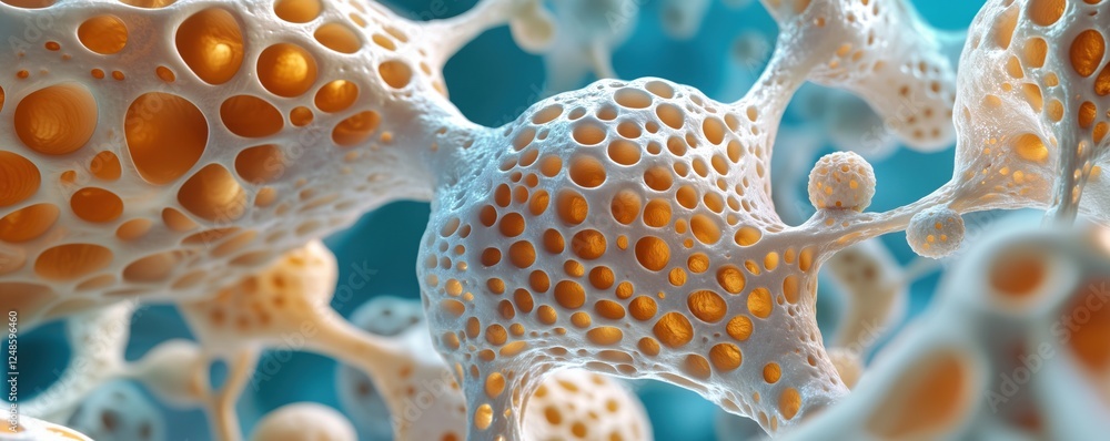 Poster abstract cellular structure with orange highlights and intricate textures, copy space for text