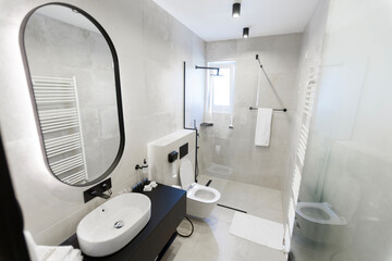 Toilet in the hotel. Wide Lens view of a clean white bathroom in the hotel...