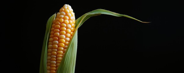 Fresh corn on the cob with vibrant yellow kernels against dark background, copy space for text