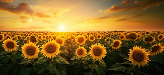 Obraz premium Vibrant sunflower field at sunset with golden hues and dramatic sky, copy space for text