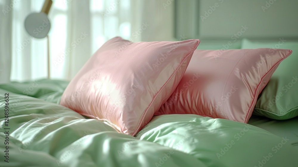 Poster gentle light filters through soft drapes, illuminating a comforting bed adorned with a smooth green 