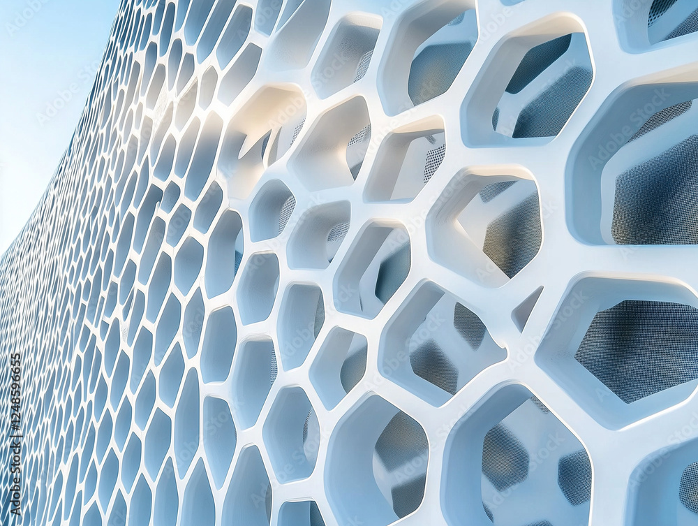 Poster light and bright minimalist hexagonal geometric grid pattern with dynamic waving motion on a clean p