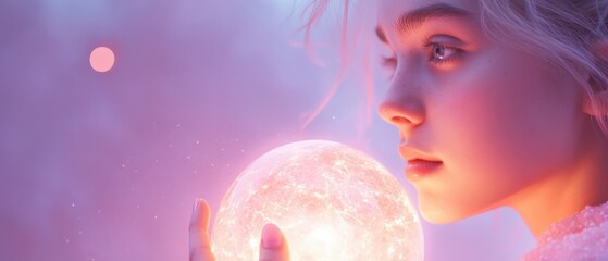 Naklejka premium young girl holding a glowing orb in a dreamy, ethereal scene