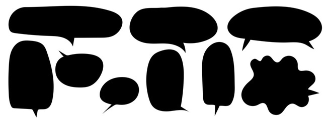 Black simple Speech cute bubble cloud line art grunge scribble sketch set hand drawn in vector liquid graffiti blots.