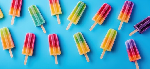 Naklejka premium Colorful rainbow popsicles arranged on bright blue background for summer fun, copy space for text