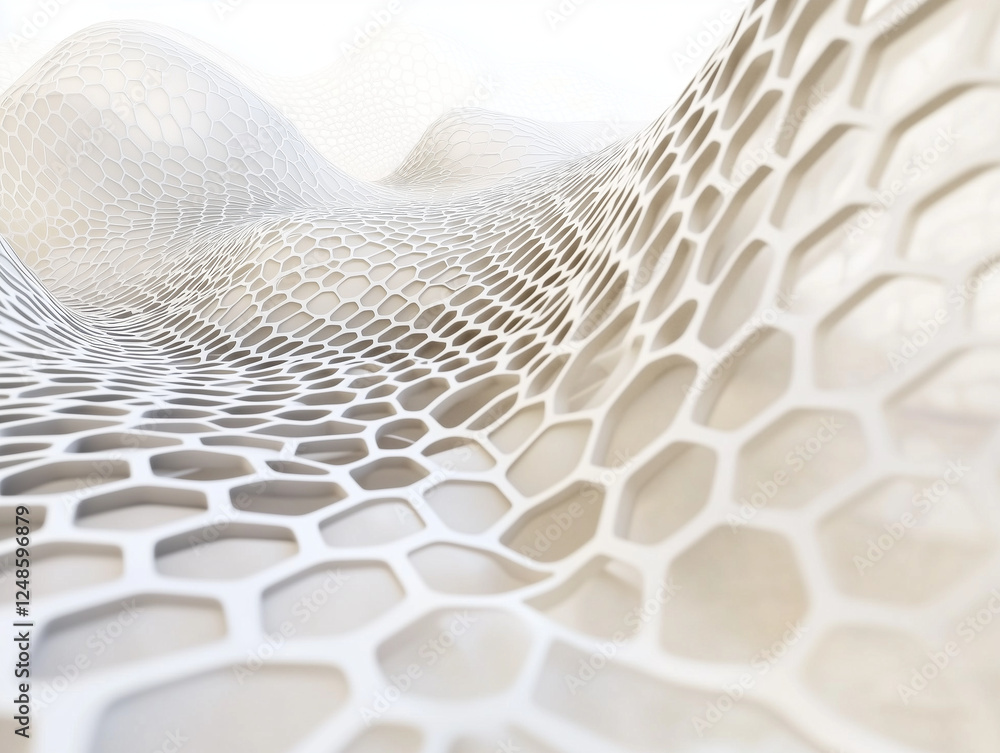 Poster light and bright minimalist hexagonal geometric grid pattern with dynamic waving motion on a clean p