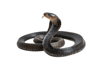 A coiled black cobra with glossy scales, raised hood, and forked tongue, capturing its alert, striking pose and menacing elegance, isolated on a transparent background