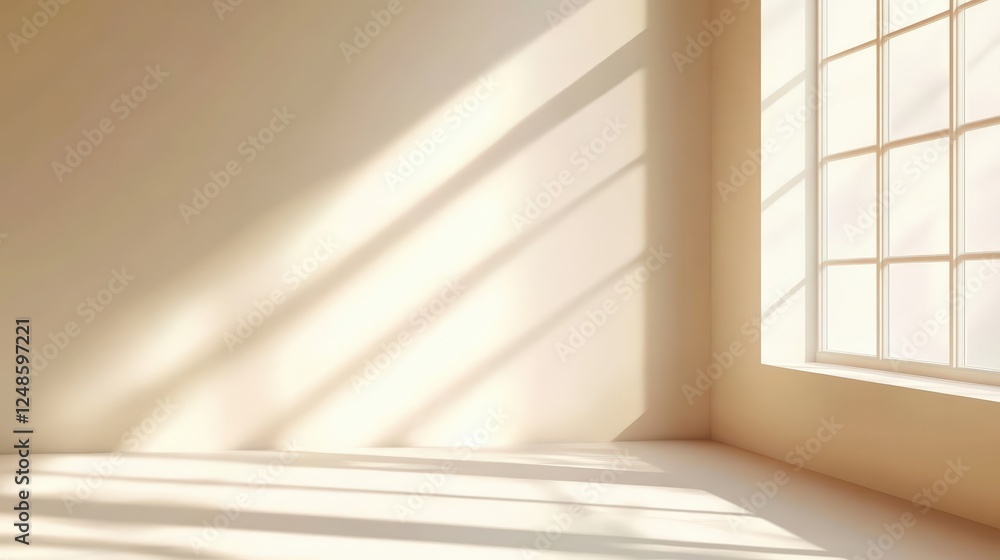 Poster bright and airy empty room with light colored walls and wide window casting soft shadows on the floo