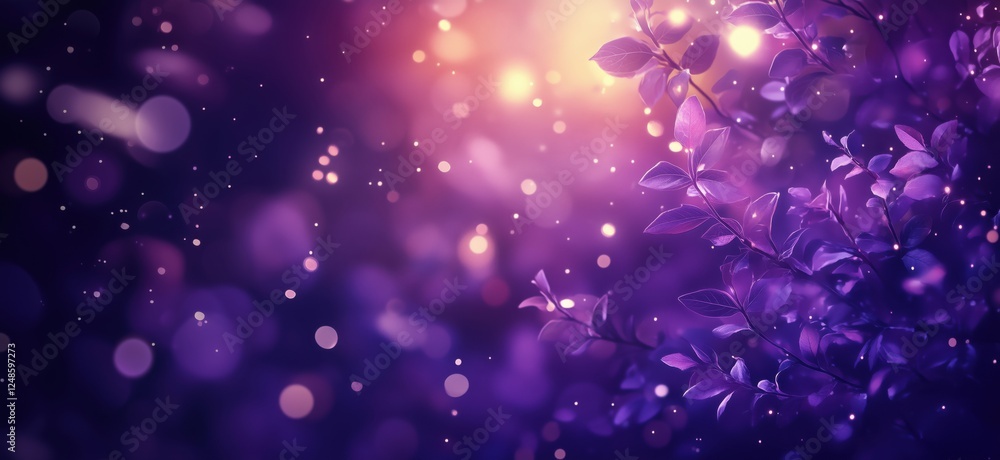 Poster purple bokeh background with leaves and soft glowing lights for artistic designs, copy space for tex