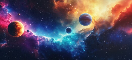Colorful cosmic landscape featuring vibrant planets and nebulae in deep space, copy space for text