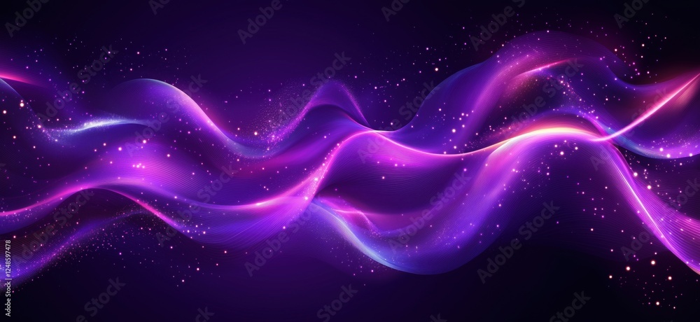 Poster abstract purple wave background with glowing particles and smooth flowing lines, copy space for text
