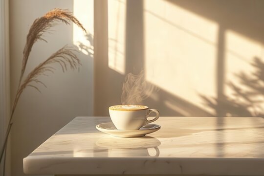 artisanal latte art creation moment, rich coffee stream meeting steamed milk cascade, golden morning light through window, minimalist white marble countertop