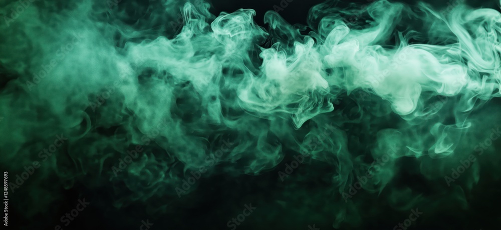 Poster green smoke swirling in dark background creating an ethereal atmosphere, copy space for text