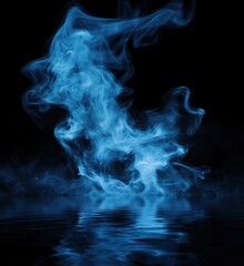 Obraz premium Blue smoke swirling above reflective water surface creating ethereal atmosphere, copy space for text