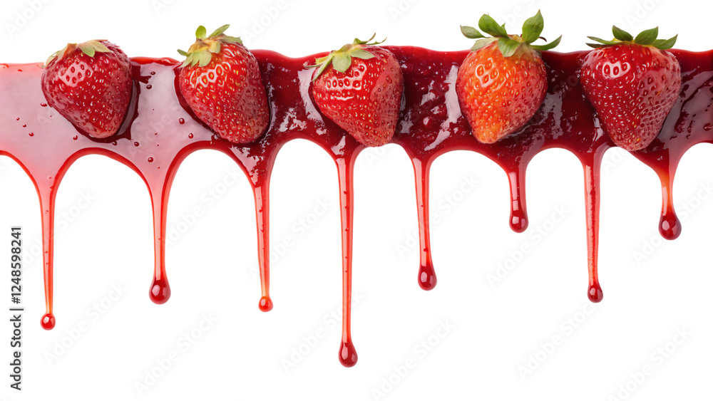 Poster a row of juicy strawberries immersed in deep red syrup, with glossy streams cascading, symbolizing i