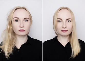 Hair straightening in a beauty salon, using conditioner, keratin, lamination. Before and after...
