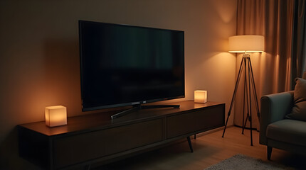 Modern Living Room Interior with Television, Wooden TV Stand, Ambient Lighting, and Cozy Armchair for Home Decor Inspiration